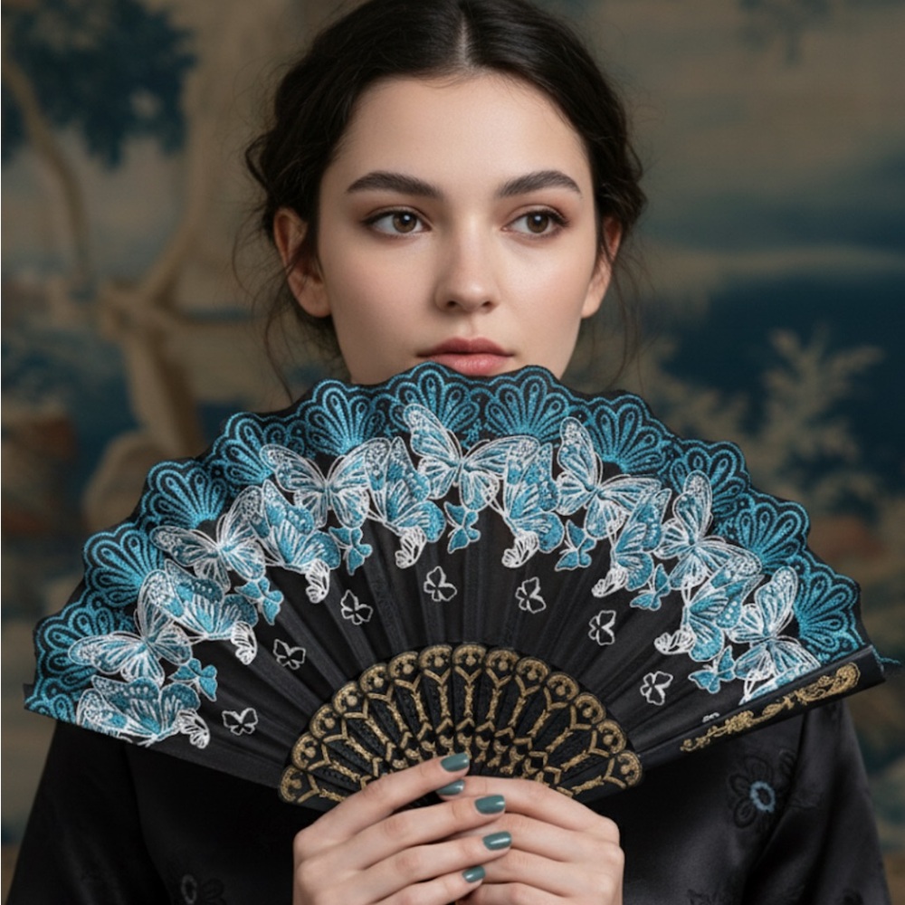 ✨ NEW Elegant Black Lace Folding Hand Fan with Blue Embroidery